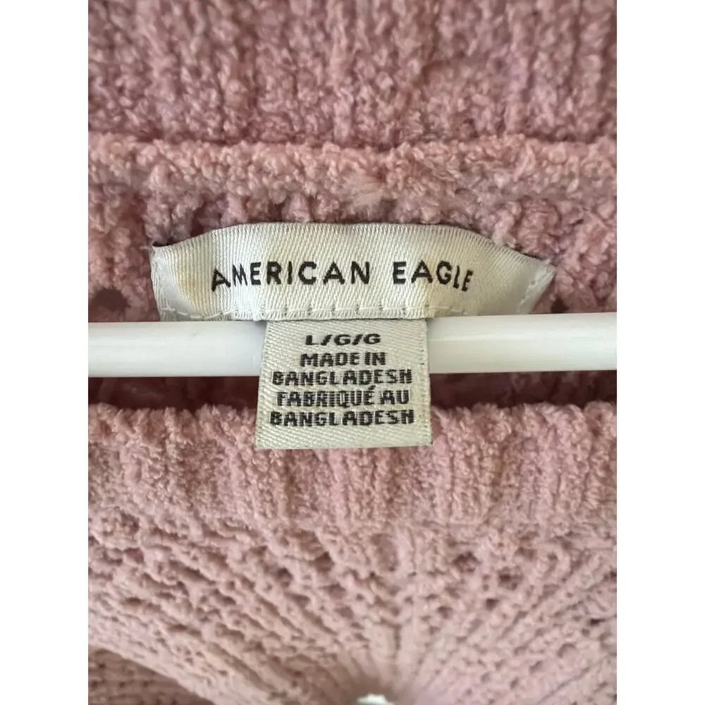 American Eagle Rose Pink Sweater Size Large Pointelle Crew Neck Lacy Twee Fairy
